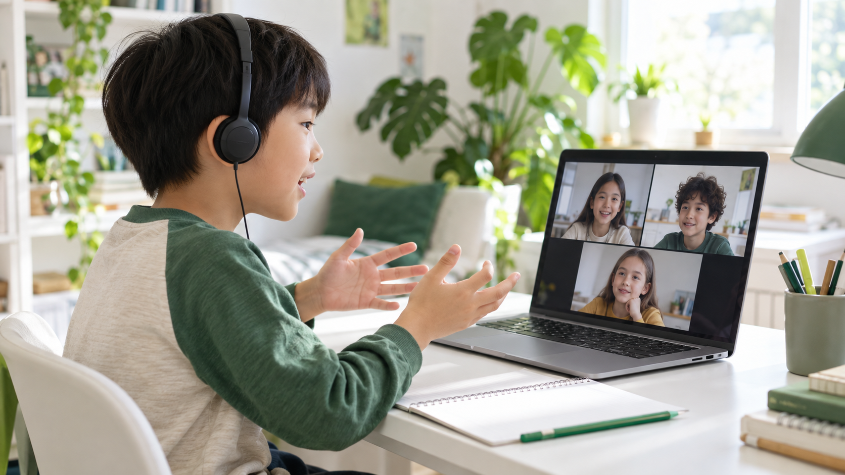 孩子在線上團體課程中一起用英文學習